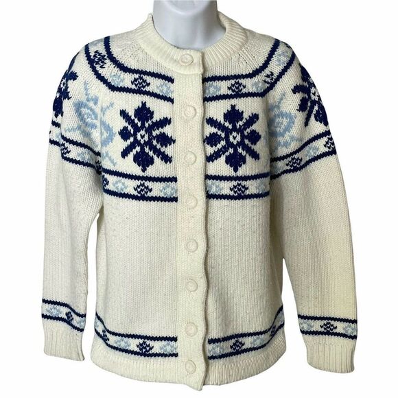 VINTAGE 70s Campus Shop May Co LA Fair Isle Knit Cardigan Snowflake - Acrylic - Picture 1 of 6